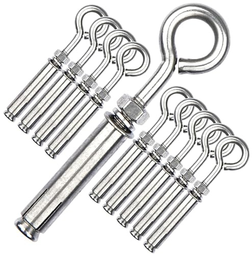 Shoulder Eye Bolts M6 Heavy Duty Shoulder Lag Eyebolts, Stainless Steel Expansion Screws Wall Concrete Anchors Fastener with Nut for Wall Ceiling Concrete Masonry, 10 Pieces