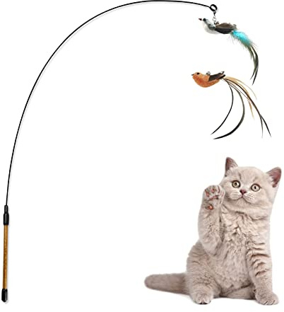 Andiker Jouet interactif pour Chat avec Clochette, Baguette pour Chat avec 2 Oiseaux artificiels de Remplacement, Baguette en Plumes pour pour Jouer et entraîner(Bleu + Marron)