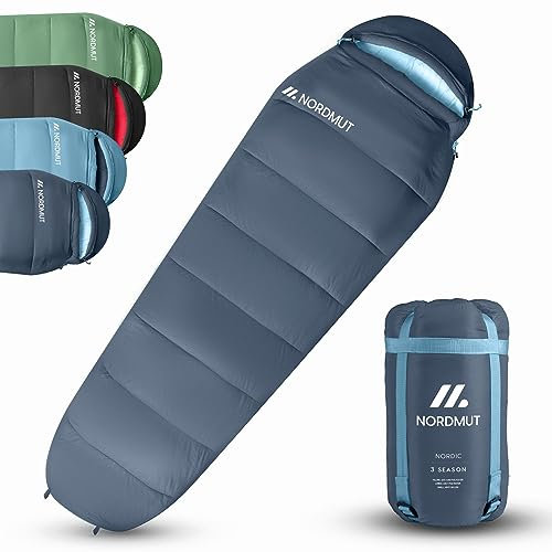 NORDMUT® Schlafsack Erwachsene – kleines Packmaß & Ultraleicht (900/1500g) – 3-Jahreszeiten (250 GSM) & Sommerschlafsack (100 GSM) – Mumienschlafsack für Camping, Outdoor & Festivals
