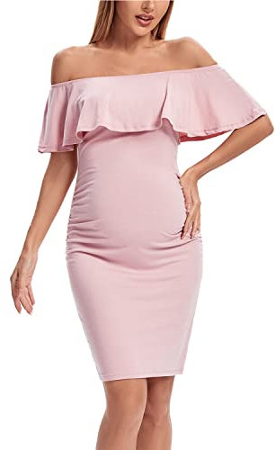 Shen&Qege Umstandskleid Lässig mit Schulterfreiheit, Rüschen, ärmellos, Bodycon, Umstandsmode Sommer