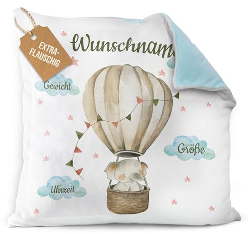 PR Print Royal Flauschiges Kissen zur Geburt - Elefant im Heißluftballon - Geschenk zur Geburt mit Name und Geburtsdaten Personalisieren | 40 x 40 cm, Rückseite Hellblau Flauschig