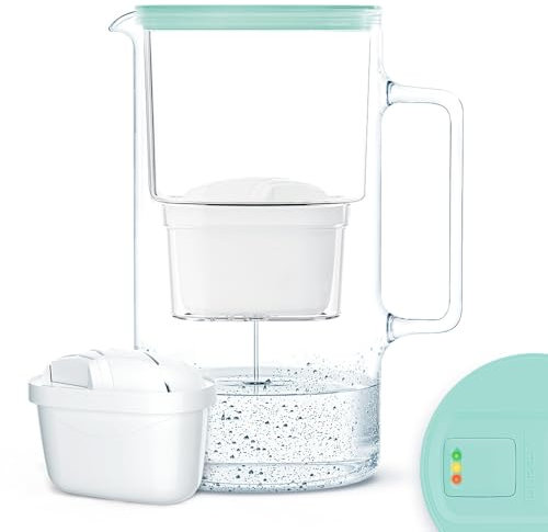 Wessper Jarra Filtradora de Vidrio con Contador LED de Agua 3L | Reemplazo para Dafi Unimax Aquaphor A5 BRITA Maxtra+ PHILIPS AWP212/10 | Jarra Filtrante + 1x Cartucho – Menta