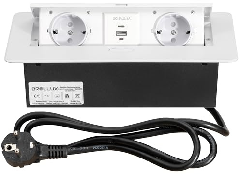 Brollux Einbausteckdose versenkbar 2fach mit USB & USBC weiß mit Softöffnung Aluminium Spritzguss 1,5m Anschlusskabel Steckdose