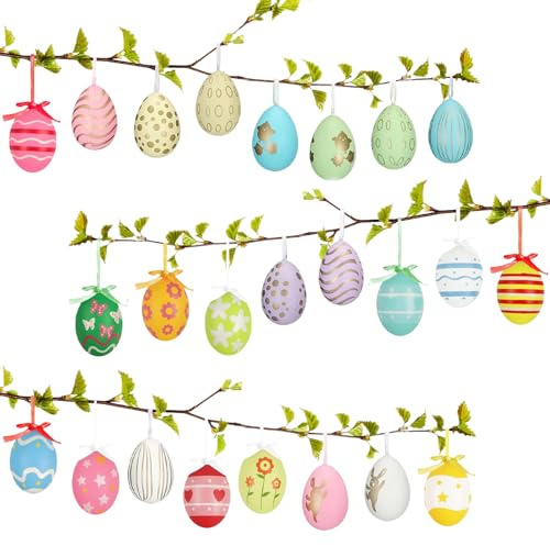 Ostereier Plastik, 24 Stück Ostereier Aufhängen, Bunt Ostereier Deko, Plastik Ostereier, Eier Kunststoff mit Seil Basteln, Ostern Basteln Bemalen für Dekoration und Geschenk, Osterdekoration