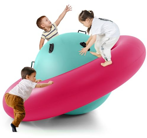 COSTWAY 88'' Inflatable Dome Climbing Rocker, Kids Teeter Totter Seesaw with 6 Handles, Blow Up Giant Rocking Bouncer Ball for Indoor Outdoor (Pink+Green)