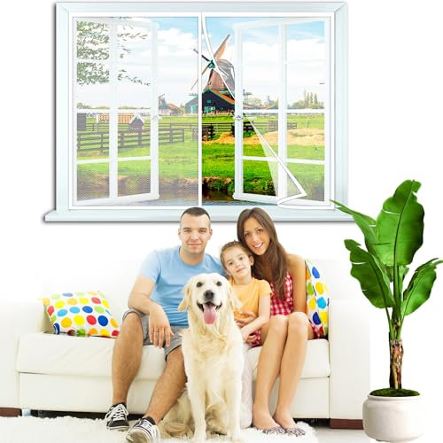 Insektenschutz Fenster 80x90cm Vorhang Premium in Fliegengitter aus Fiberglas Lamellen mit eingenähten Gewichten und Selbstklebender PVC Klemmleiste Fliegenvorhang Weiß