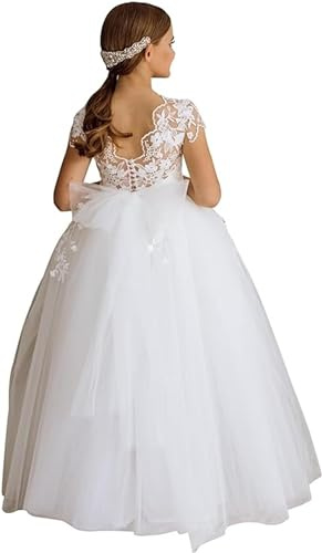 GZCYL Vestido Simple de Encaje Blanco de Primera Comunión de Tul Vintage Largo para Niña de las Flores para Boda, blanco, 13-14 años