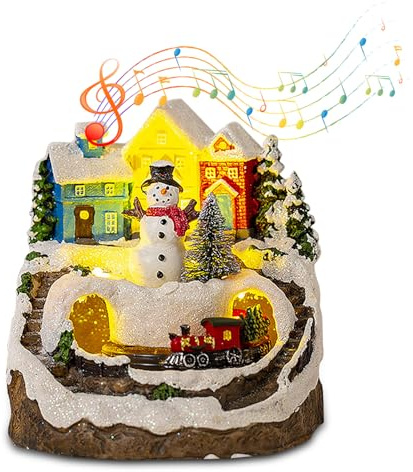Longzhuo Weihnachtsdorf Mit Beleuchtung, Musikalische Weihnachtsdekoration mit rotierendem Zug 8 weihnachtliche Themen-Sounds, LED Weihnachtsdorf Gebäude für Familie und Freunde (Weihnachtsschneemann)