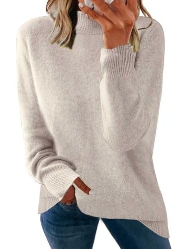 Yutdeng Jersey Mujer Manga Larga Elegante Jersey de Punto Fino Sweater Casual Jersey Pullover Camiseta Cuello Alto Jerséis para Mujer Suéter Invierno Otoño,Beige,XL