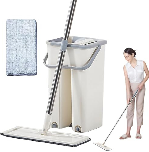 Balai serpillère plate – 36 x 17 x 20 cm Squeeze Mop et seau | Serpillère plate avec | Ensemble balai plat multifonction et seau avec essoreur | Nettoyeur professionnel pour sols et murs avec elle