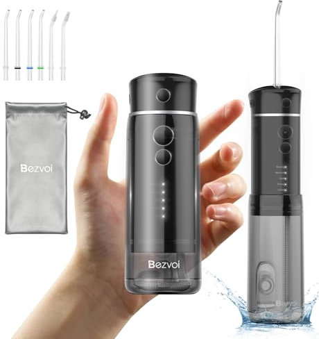 Bezvoi Hydropulseur Dentaire Portable Mini avec 5 Modes, Réservoir 180ml, Étanchéité IPX7, 6 Embouts pour Gencives et Appareils Dentaires
