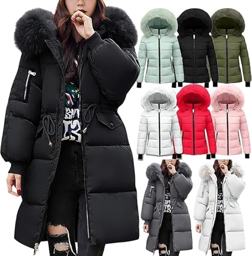 HOOUDO Womens Quilted Jacket Winter Puffer Coats Ladies Lightweight Down Jackets with Fur Hood Plus Size Warm Long Sleeve Parka Outwear Trench Coat