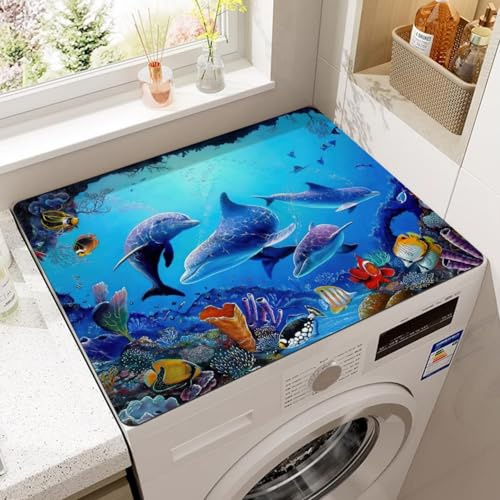 Tapis de Protection Solaire Pour Lave-linge Sèche-linge,Impression 3D Animaux,Réfrigérateur Four Top Pad,Tapis D'égouttage Cuisine Décorative Tapis de Salle de Bains (Dauphin Bleu,60x60 cm)