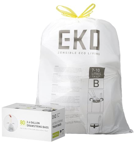 EKO Easy-Dispense Roll 80 st extra stark dragsko liten papperskorgspåse, 2,6 gallon papperskorg (7-10 L) 1-pack vit, kod B