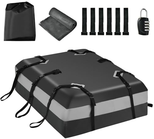 TANGZON 15 Cubic Feet Car Roof Bag, 424L Waterproof Rooftop Cargo Carrier Bag with Straps, Door Hooks and Non-Slip Mat, Roof Top Luggage Storage for Cars with or without Rack, Black and Grey