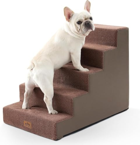 COZY KISS Hundetreppe für Kleine Hunde, 5 Stufen Breiter Haustiertreppe | Katzentreppe mit abnehmbarem bezug, 60cm hoch, 30D hochdichtem schaumstoff,für bett couch auto,rutschfester boden, Brown