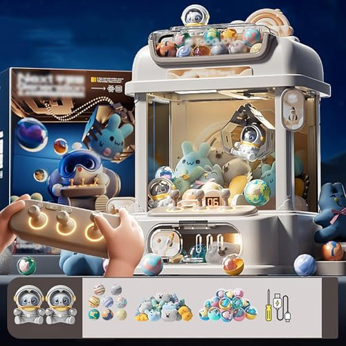 CUCUKAKA Machine Pince Bonbon avec Télécommande ， Candy Grabber avec 8 Planètes,2 Poupées Panda,25 Poupées,20 Gashapons Jeu Amusant,Cadeau pour La Fête,White
