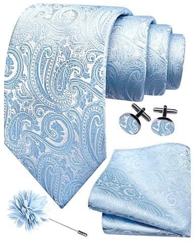 Gusleson Mens Baby Blue Tie for Wedding Silk Paisley Necktie Pocket Square Cufflinks and Lapel Pin Brooch Set (UK6103-34)
