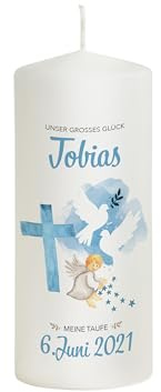 Liamoria® Patenkerze Kreuz in Blau für Jungen - 20 x 8 cm Modell Tobias - Wunderschönes Taufgeschenk