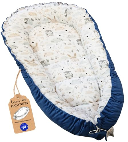 Leanbe Babynest 90x50 cm – Babynestchen für Neugeborene, Nestchen Baby aus Baumwolle & Polyester, Bettnestchen für Winter/Herbst, Baby Nest Set für Indoor & Outdoor (VELOURS BLAU)