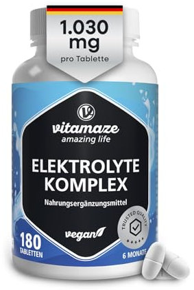 Elektrolyte Tabletten ohne Zucker 1.034 mg pro Tablette, Magnesium, Kalium, Calcium, Natrium & Chlorid für Elektrolythaushalt & Muskelfunktion, 180 Tabletten für Keto Ernährung, Made in Germany