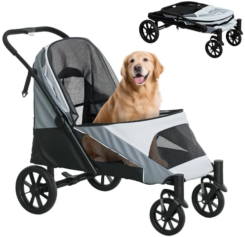 PawHut Carrito para Perros Plegable, Cochecito para Perros Grandes hasta 30 kg con Ruedas Grandes, Correas de Seguridad, Amortiguador, Cojín Lavable, Marco de Acero, Freno, 124x67x100 cm, Gris