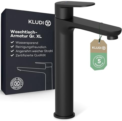 KLUDI-X1 Wasserhahn Bad hoch, Auslaufhöhe 210 mm, wassersparende Waschtischarmatur Schwarz Matt Größe XL, Keramikkartusche, Mischbatterie Waschbecken inkl. Anschlussschläuche