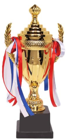 Grande trofeo in oro, coppa trofeo di calcio, nastro colorato, d'oro per tornei sportivi, competizioni, partite di calcio