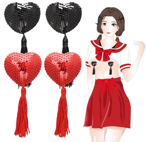 CATOR Lot de 2 paires de cache-tétons autocollants à paillettes avec pompons en forme de cœur sexy, cache- autocollants, cache- réutilisables pour femmes