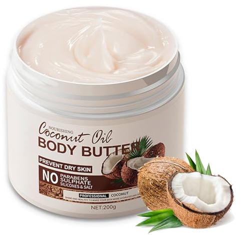 Coconut Oil Body Butter, Nourishing Body Cream Coconut für Intensive Feuchtigkeitspflege, Reichhaltige Körpercreme gegen trockene Haut, Kokosnuss Körpercreme Moisturizing Körperbutter für Frauen 200g