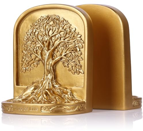 Goldener Baum des Lebens Buchstützen-Set, 2 dekorative Buchstützen für Regale oder Bücherregal, rutschfeste schwere Buchstützen für Schreibtisch-Regal-Dekoration, Bibliothek-Büro-Dekoration