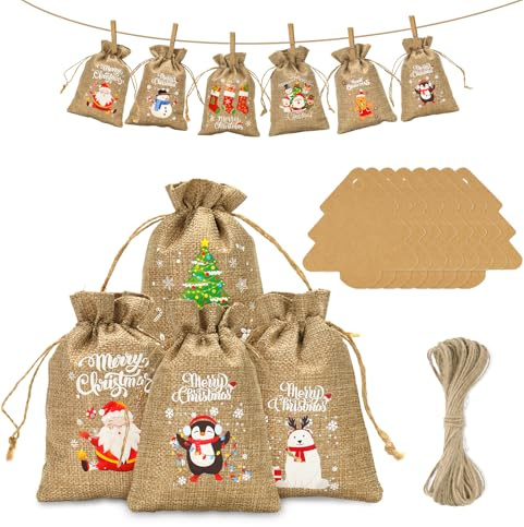 jijAcraft Adventskalender zum Befüllen Jutesäckchen: 10x15CM Weihnachten Jutesäckchen Kinder, 24 Stück Weihnachten Geschenksäckchen mit Tannen-Anhängern und Juteschnur für Deko Weihnachtsbaum