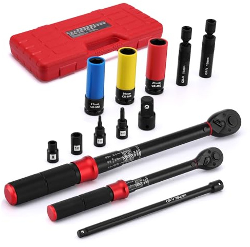 Mayouko Lot de 13 clés dynamométriques à 72 dents 1/2 et 3/8, 20-220 Nm, 5-60 Nm, avec barre d'extension, adaptateur, douille à choc de roue, douille à bougie d'allumage, embouts Torx et douilles