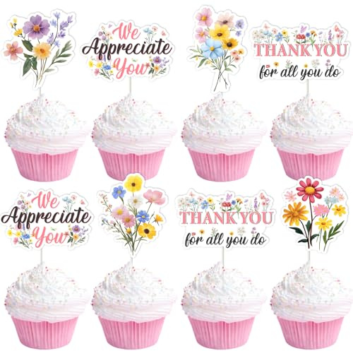 Funmemoir Thank You for All You Do Decorations Wildflower- 36PCS We Appreciate You Cupcake Toppers, Flower Appreciation Thankful Theme Table Decor for Teacher Doctor Staff Employee