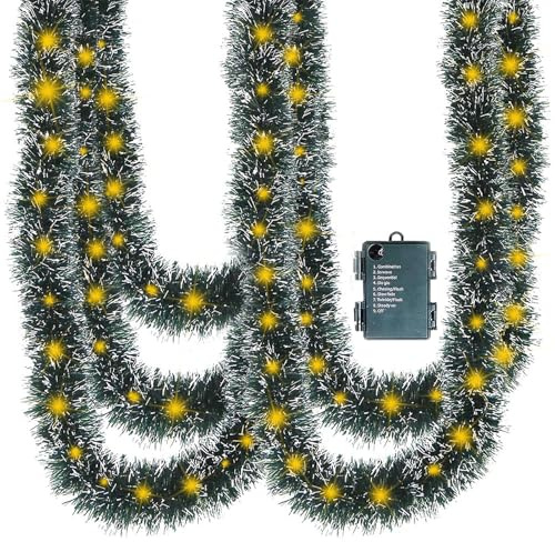 Weihnachtsgirlande, 10M Girlande Weihnachten Grün mit 100 LED Lichterkette, Beleuchtet Weihnachtsdeko Girlande Outdoor, Weihnachtsdeko für Party und Festliche Anlässe (Dunkelgrün mit Weißen Rändern)