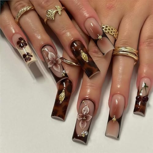 Auroriel 24 Pieces Long Square Press on Nails Brown with Floral Design and 3D Gold Texture Adhesive Nails Acrylic Nails Reusable for DIY Manicure Women