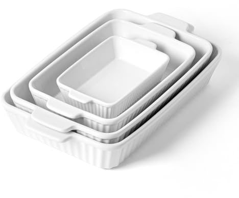 FOBENTA Casserole Dishes for Oven - Ceramic Bakeware Sets of 4, Rectangular Baking Deep Dishes with Handles, Lasagna Pans for Kitchen Cooking & Housewarming, White