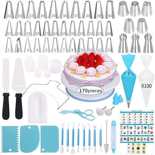 Cake Decorating Tools Kit 170 PCS Baking Supplies Set with Turntable Pastry Nozzles Confectionery Bags Icing Piping Tips for