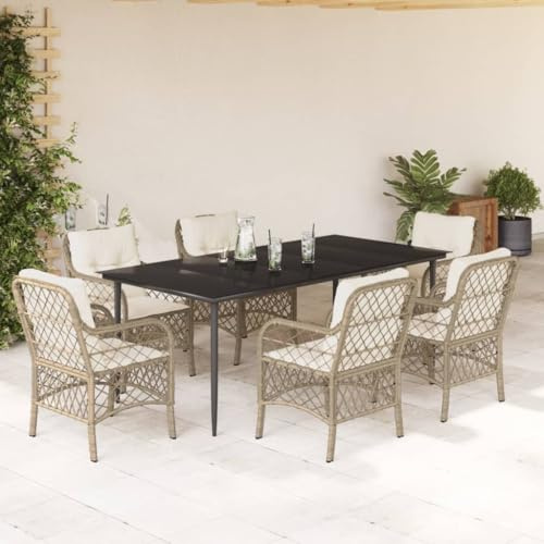 JHQHSM 7 pezzi Set da pranzo da giardino con cuscino beige polyrattan, mobili da esterno con piano in vetro e rivestimenti rimovibili per terrazza, robusto gruppo di seduta in rattan PE con telaio in