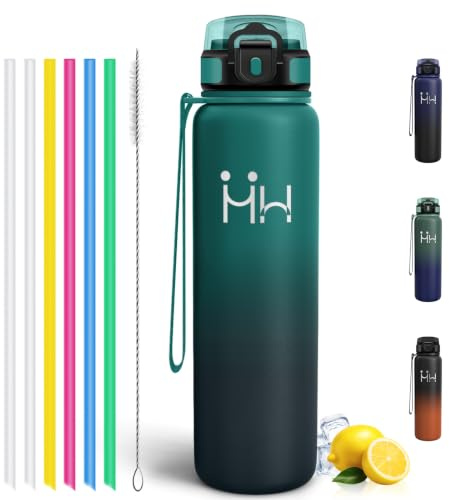 Motswedi Botella de Agua 1l, Acero Inoxidable, Botella Térmica, a Prueba de Fugas, Cantimplora con Pajita, Fría y Caliente de Boca, para Deportes, Oficina, Bicicleta, Verde oscuro & gris