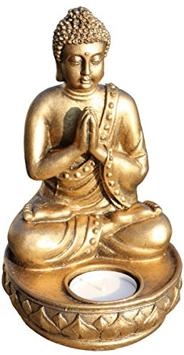 Schöner 18 cm Teelichthalter Buddha Gold Resin Thailand Buddhismus Bali Res17