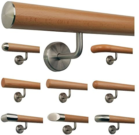 TIBU Pasamanos de haya, mango de madera para escalera, soporte de acero inoxidable, longitud 30 – 500 cm, variante: 140 cm, con 3 soportes, tapa ligeramente curvada