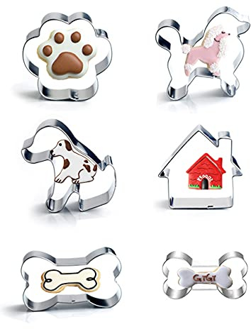 Hundeknochen-Ausstecher-Set mit 6 Stück - einschließlich Hundeknochen, Pfotenabdruck, Welpen, Pudel und Hundehaus-Ausstechformen, niedliche Edelstahl-Keksausstecher Fondant-Kuchenformen für Kinder