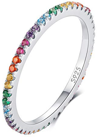 Qings Bague de Mariage éternité en Argent Sterling 925, Arc-en-Ciel Zircon Cubique Diamant Simulé Bague Empilable Bijoux Cadeau pour Femme Filles