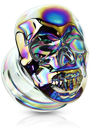 beyoutifulthings Ohr-Plug Schädel-Front Ohr-Piercing Pyrex-Glas Ohr-Schmuck Tunnel 12-mm Double Flared Sattel-Verschluss Regenbogen