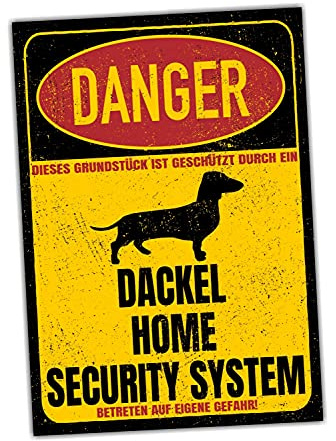 Dackel Teckel Dog Schild Danger Security System Türschild Hundeschild Warnschild Fun Sicherheitsschild Hund Privatgrundstück Hundewarnung Warnung vor dem Hund