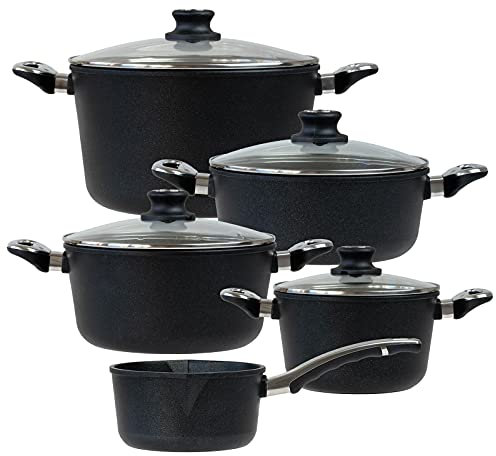 BAF beschichtetes Aluguss Topfset Induktion 9-teilig Kochtopf 20 cm + 24 cm, Bratentopf 24 cm, Gemüsetopf 28 cm & Stieltopf 18 cm