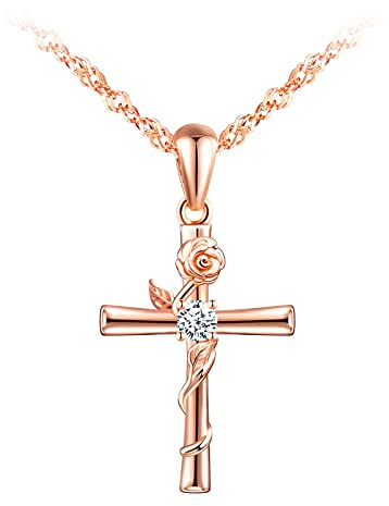 MicLee Damen 925 Sterling Silber Zirkonia Halskette Fashion Kreuz Rose Anhänger Kette mit Geschenkbeutel Super Geschenk für Paar Pärchen Mutter Tochter