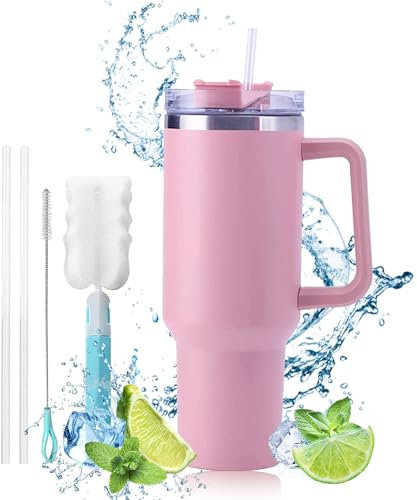 HIQE-FL Tazza per Caffè da Viaggio 1200ml, Termica, con Manico in Cannuccia, Tazza per Auto, Isolata Sottovuoto, Acciaio Inossidabile a Doppia Parete (Rosa Chiaro)