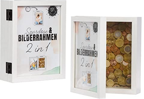 Brandsseller 2 in 1 Bilderrahmen Spardose 19 x 14,6 x 5,5 cm Aufklappbar | Doppel Fotorahmen Holzoptik Weiß